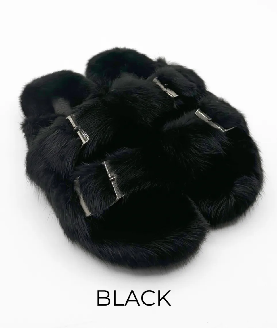 Slides, Open Toe Luxury Mink Shoes - Linda Richards - Style MKS01