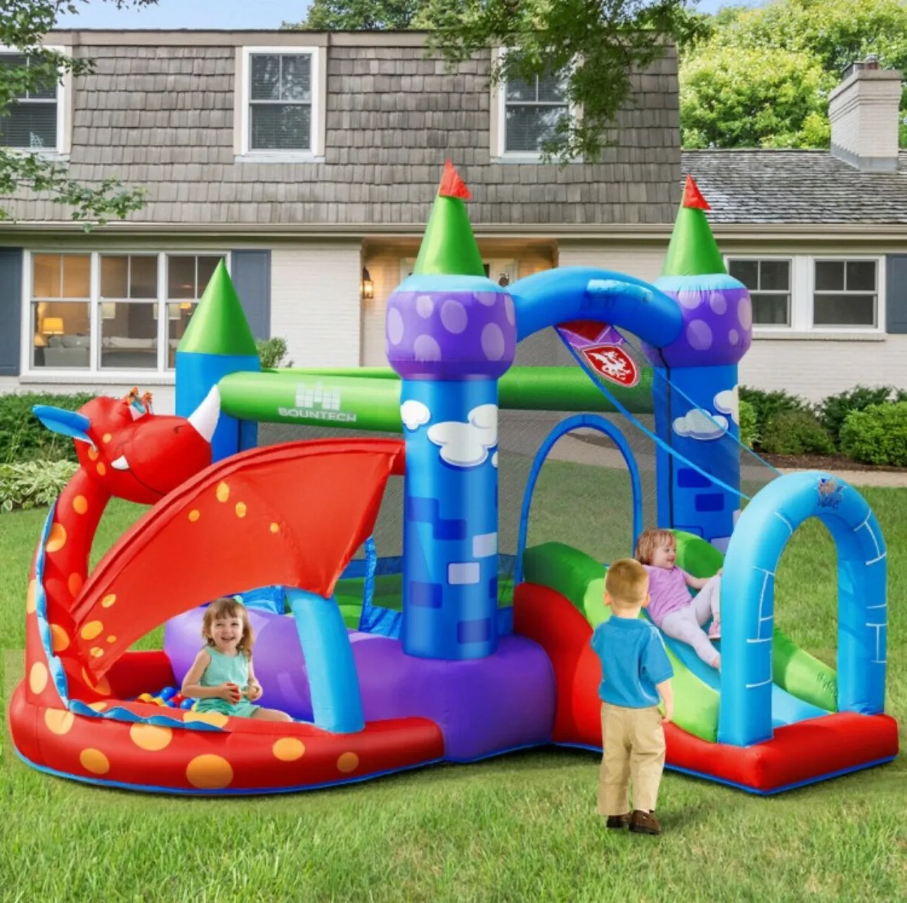 Super Cool & Fun Kids Awesome Dragon Inflatable Bouncy House Castle W 740W Blower | Slide | Ball Pit | Balls | Jump Area | Basketball | Indoor / Outdoor