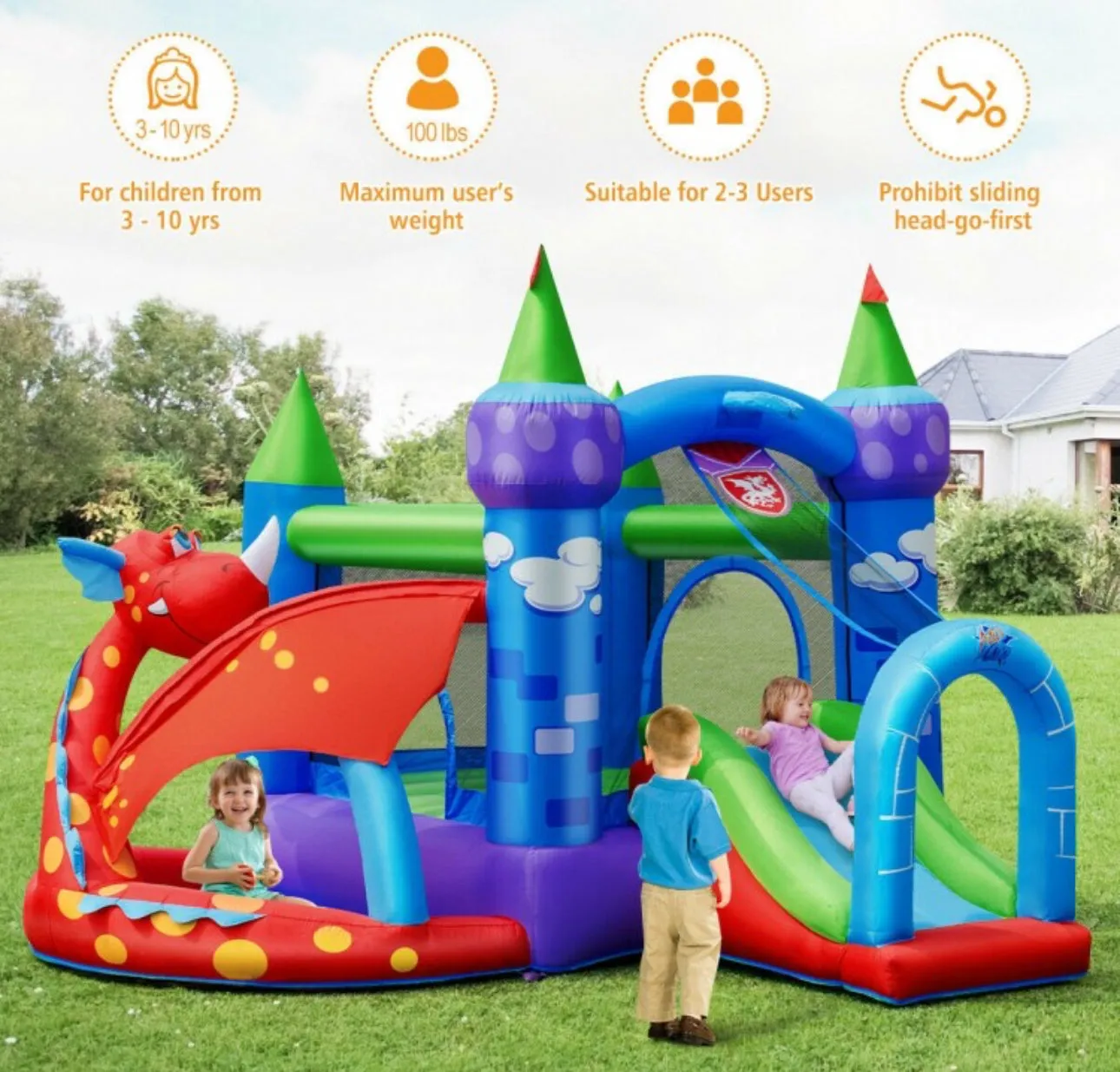 Super Cool & Fun Kids Awesome Dragon Inflatable Bouncy House Castle W 740W Blower | Slide | Ball Pit | Balls | Jump Area | Basketball | Indoor / Outdoor