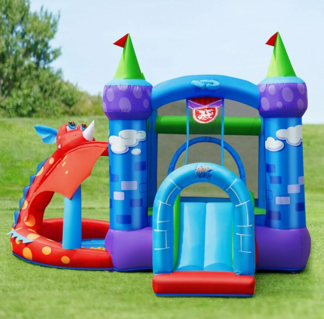 Super Cool & Fun Kids Awesome Dragon Inflatable Bouncy House Castle W 740W Blower | Slide | Ball Pit | Balls | Jump Area | Basketball | Indoor / Outdoor
