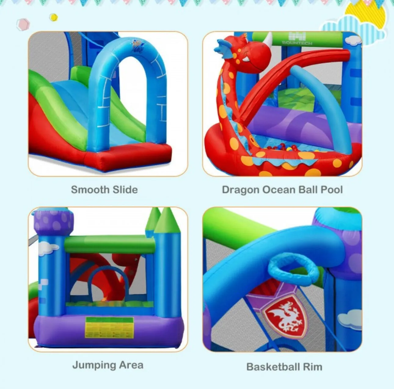 Super Cool & Fun Kids Awesome Dragon Inflatable Bouncy House Castle W 740W Blower | Slide | Ball Pit | Balls | Jump Area | Basketball | Indoor / Outdoor