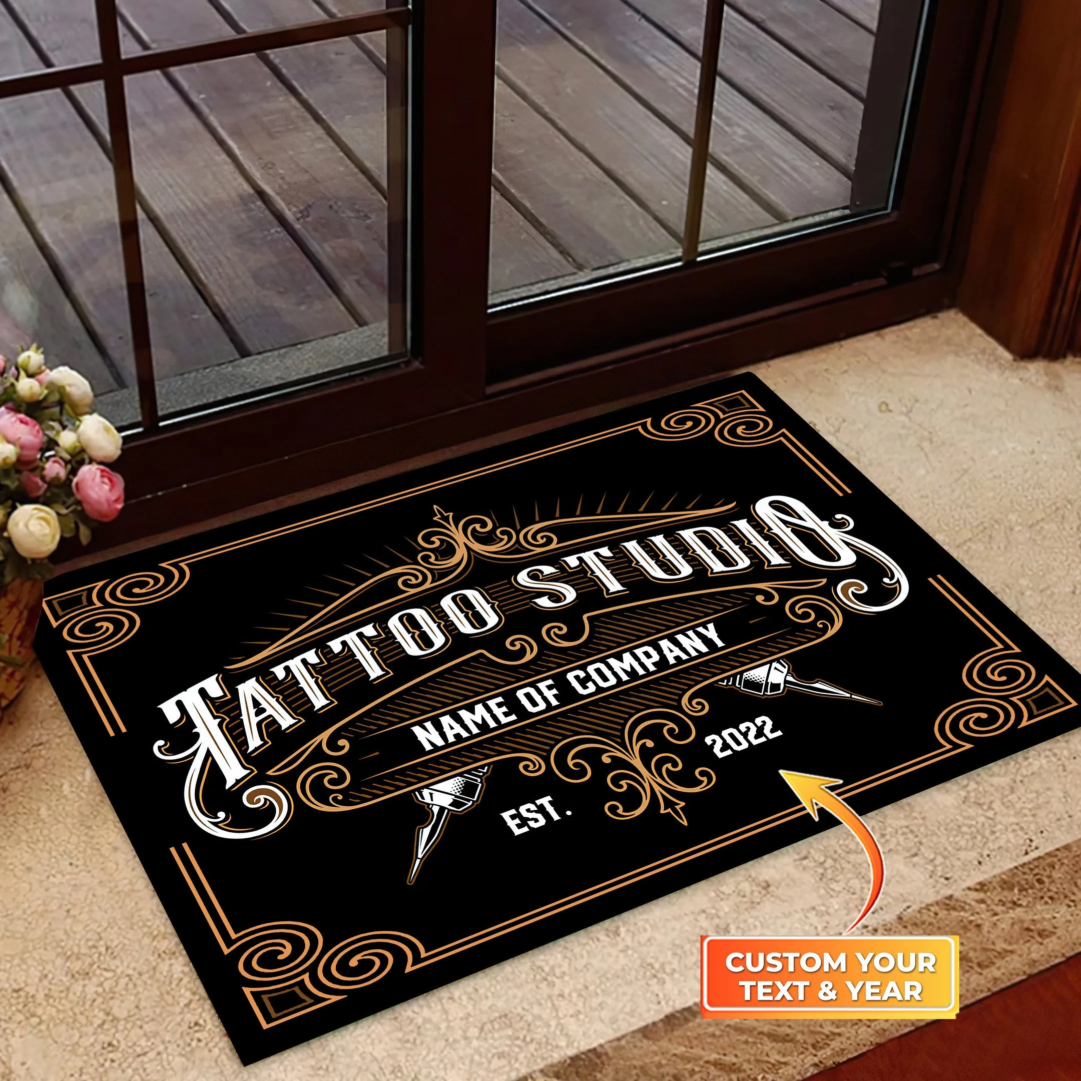 Tattoo Studio Doormat, Custom Tattoo Parlor Name & Year Door Rug