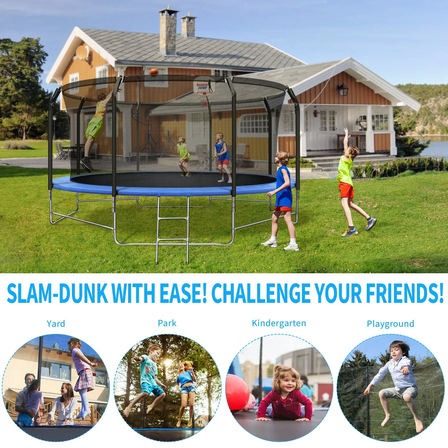 TRIPLETREE 14FT Trampoline With Safety Enclosure Net, Basketball Hoop & Ladder, Suitable For Kids & Adults, 800LBS