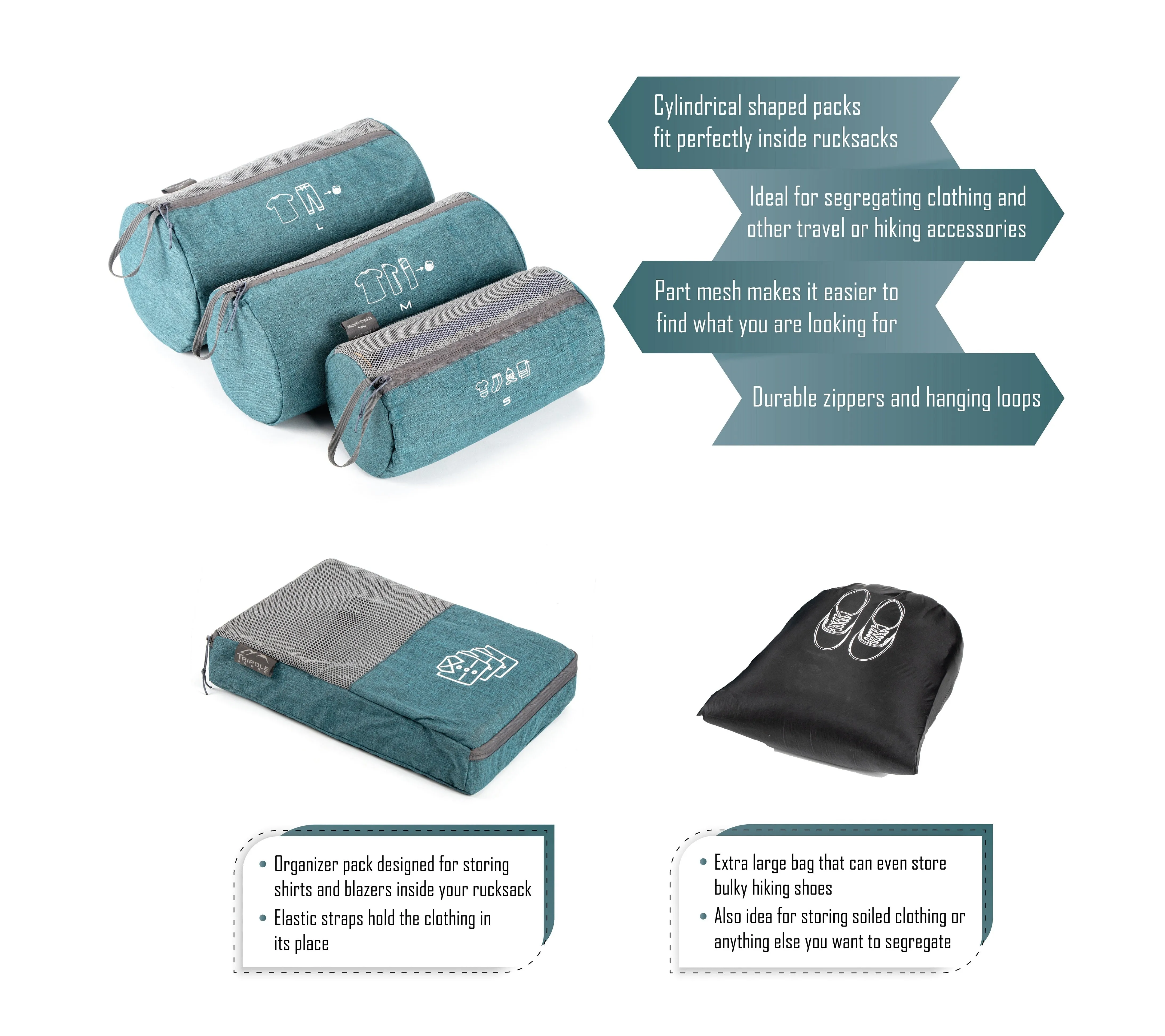 Tripole Organizer Packs - Cylindrical Shaped & Shirt Organizer- Set of 6