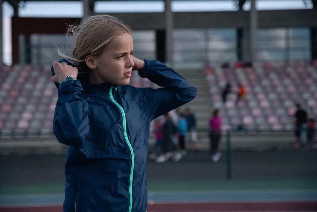 Veste de course à pied coupe vent à capuche Enfant - Kiprun wind marine verte