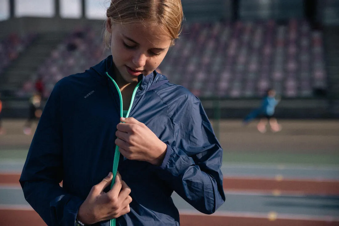 Veste de course à pied coupe vent à capuche Enfant - Kiprun wind marine verte