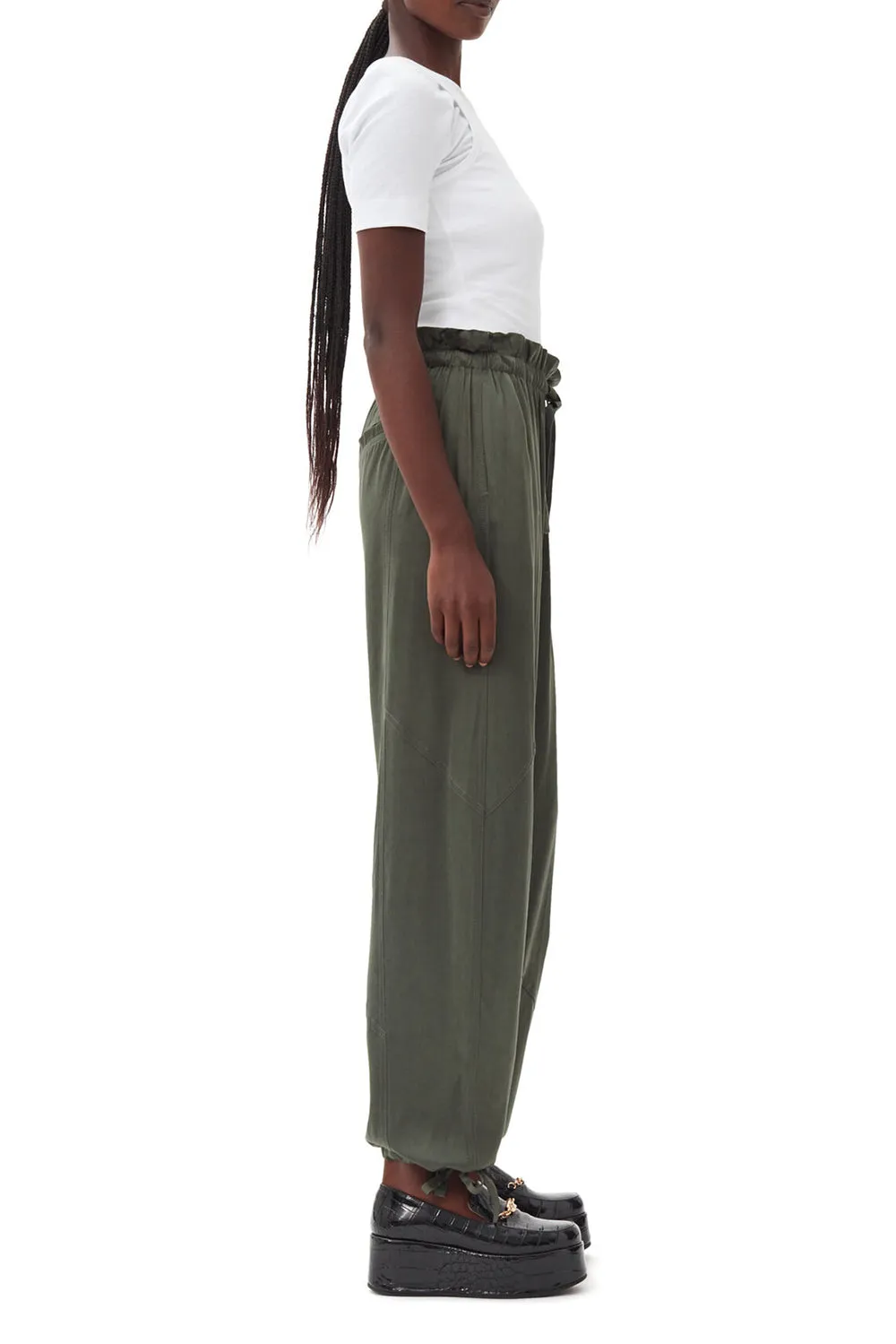 Washed Satin Elasticated Waist Pants in Climbing Ivy